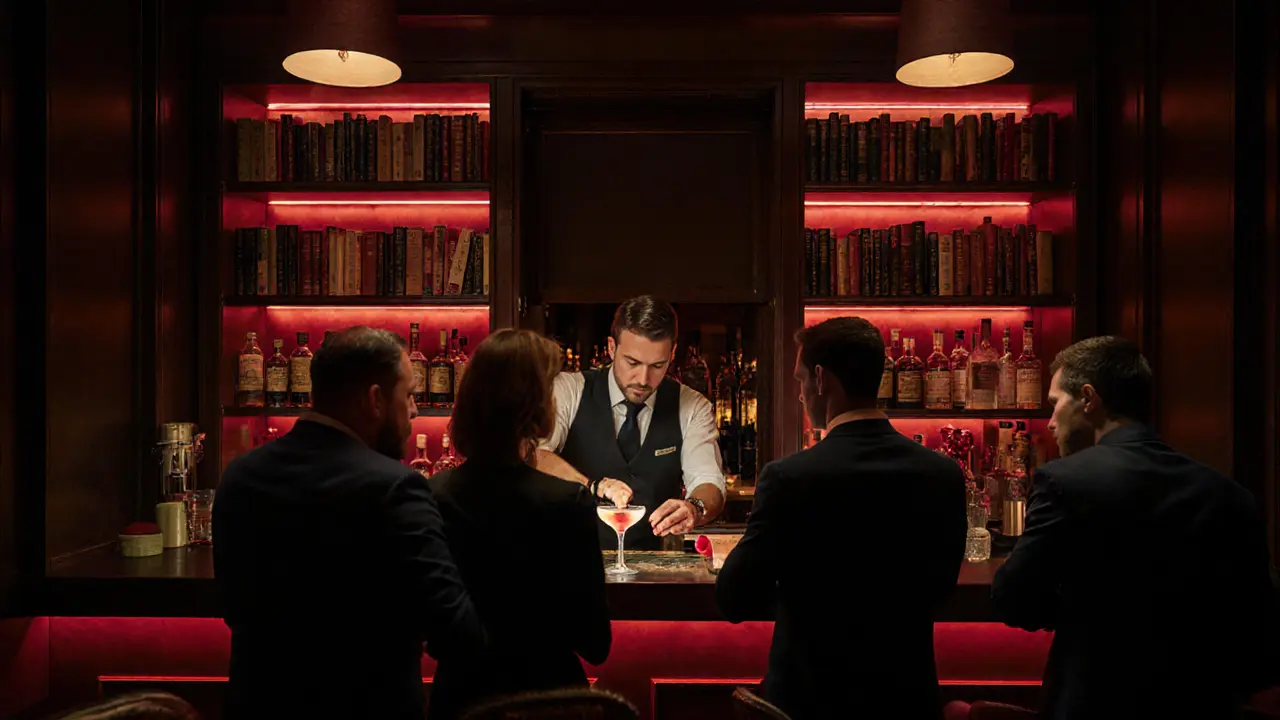 Hidden speakeasy bar behind a bookshelf, lit by warm red glow, with craft cocktails and quiet professionals.