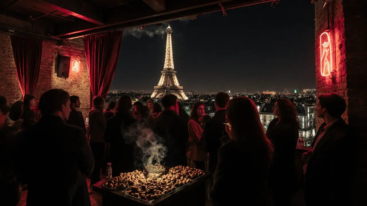 Industrial rooftop club with neon lights and dancers under the glow of the Eiffel Tower at midnight.