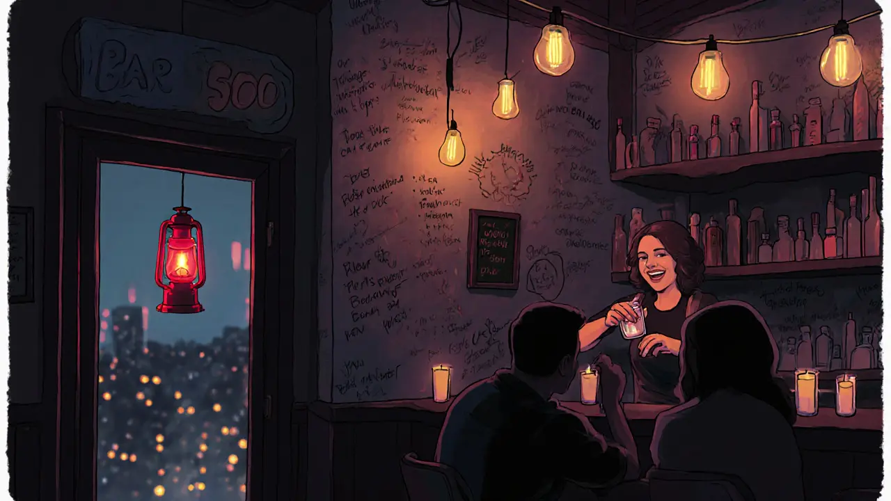 Intimate interior of Bar 500 with handwritten notes on walls, trans bartender serving drinks, red lantern outside, warm candlelit atmosphere.