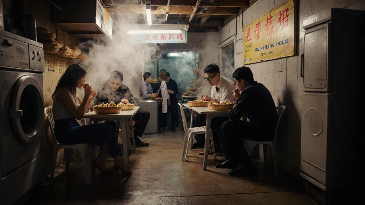 Late-night diners eating dumplings in a small, steamy basement kitchen under fluorescent lights.