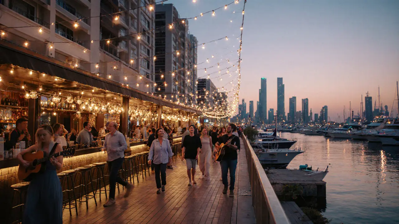 Lively marina promenade at night with people walking between lit bars, yachts in the background, warm string lights overhead.