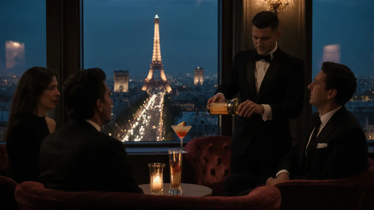 Luxurious rooftop bar with floor-to-ceiling windows showcasing the sparkling Eiffel Tower at night.