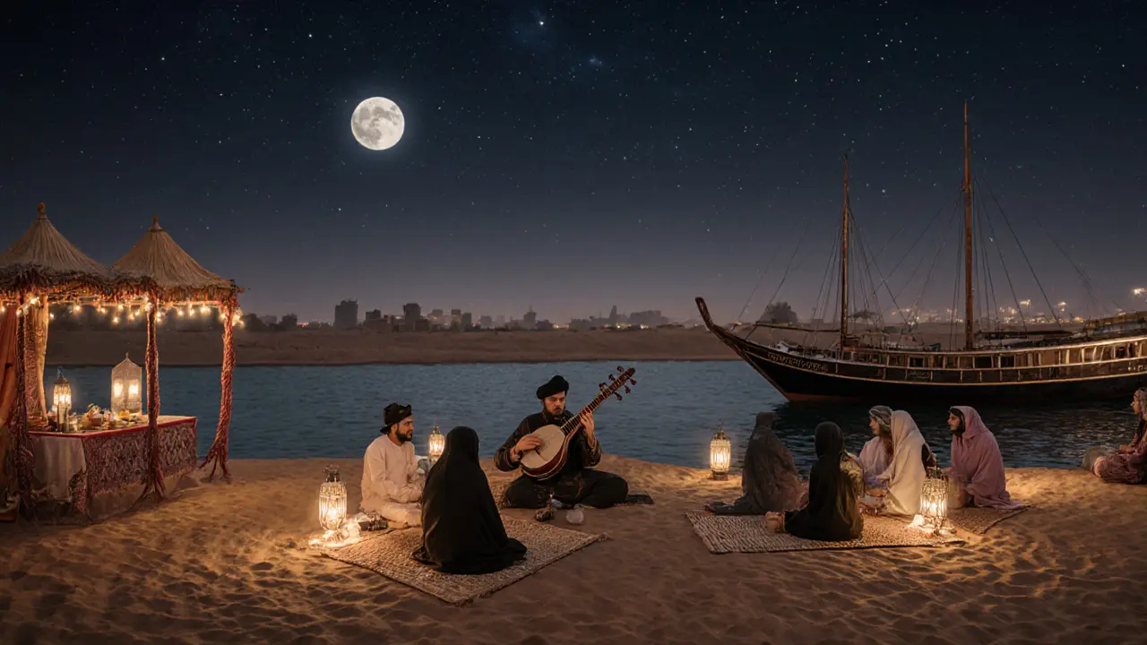 People relaxing at a cultural night event with traditional music and food under starlit skies.