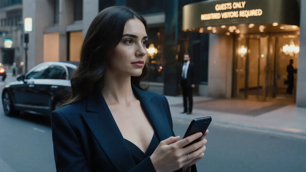 Professional woman standing outside a luxury Dubai hotel, holding a smartphone with encrypted messaging.