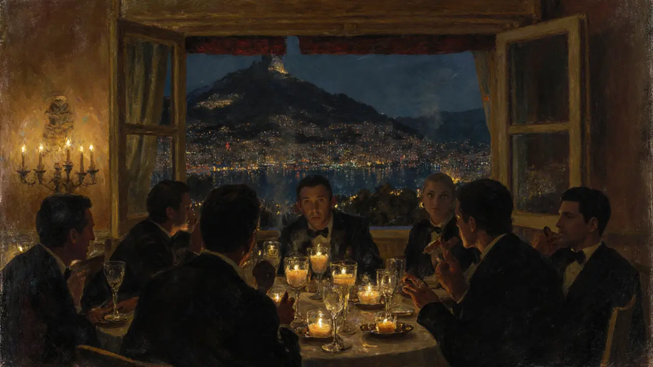 Quiet after-party in a Monte Carlo apartment, candlelight, wine glasses, silhouettes in conversation.