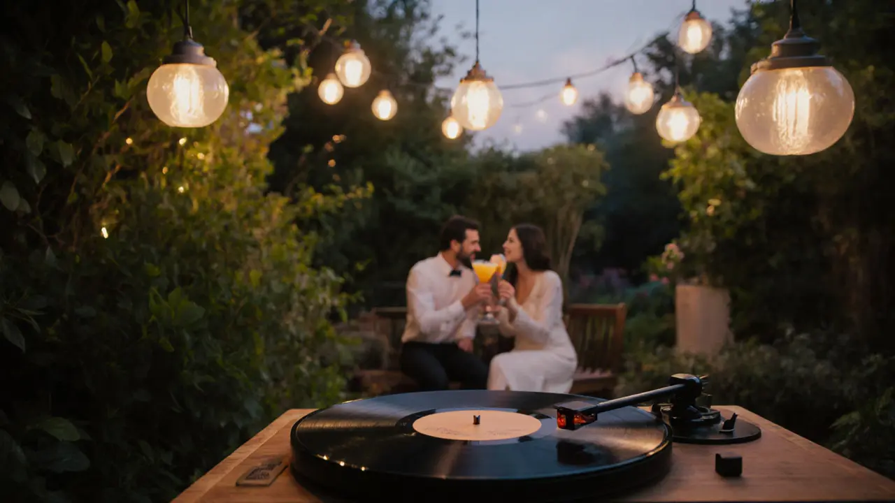 Romantic garden bar with fairy lights, vinyl record spinning, and soft lantern glow at twilight.