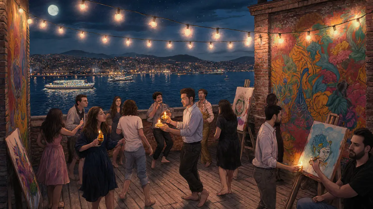 Rooftop party in a converted warehouse in Karaköy, guests dancing under string lights as artists paint on the walls.