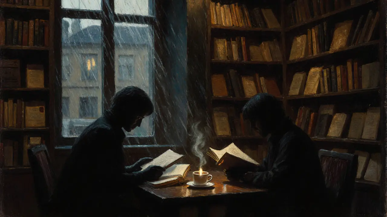 Silhouettes browsing old books in a cozy Berlin bookshop, candlelight and rain on the window.