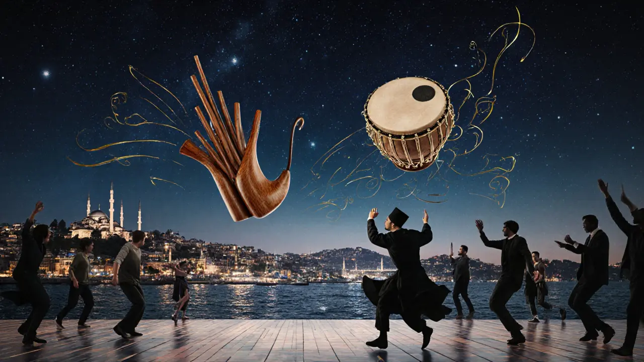 Surreal dancefloor where traditional Turkish instruments blend with electronic beats, silhouettes of diverse dancers under starry sky.