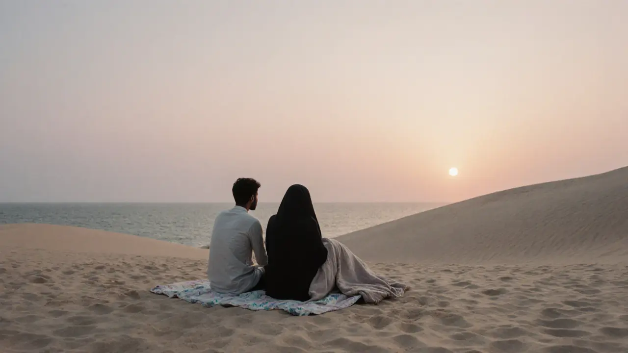 Two figures sitting peacefully on a beach at sunset, sharing a quiet moment.