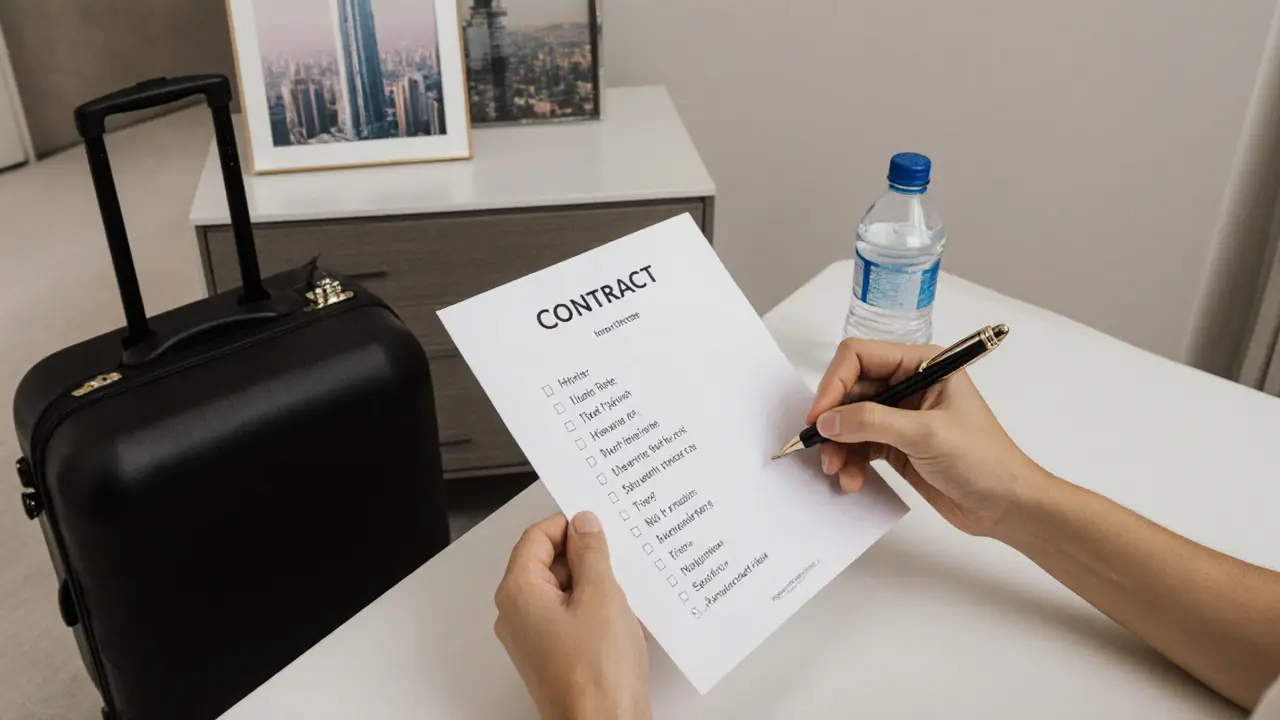 Two hands signing a contract outlining escort services, with a Dubai skyline photo in the background.