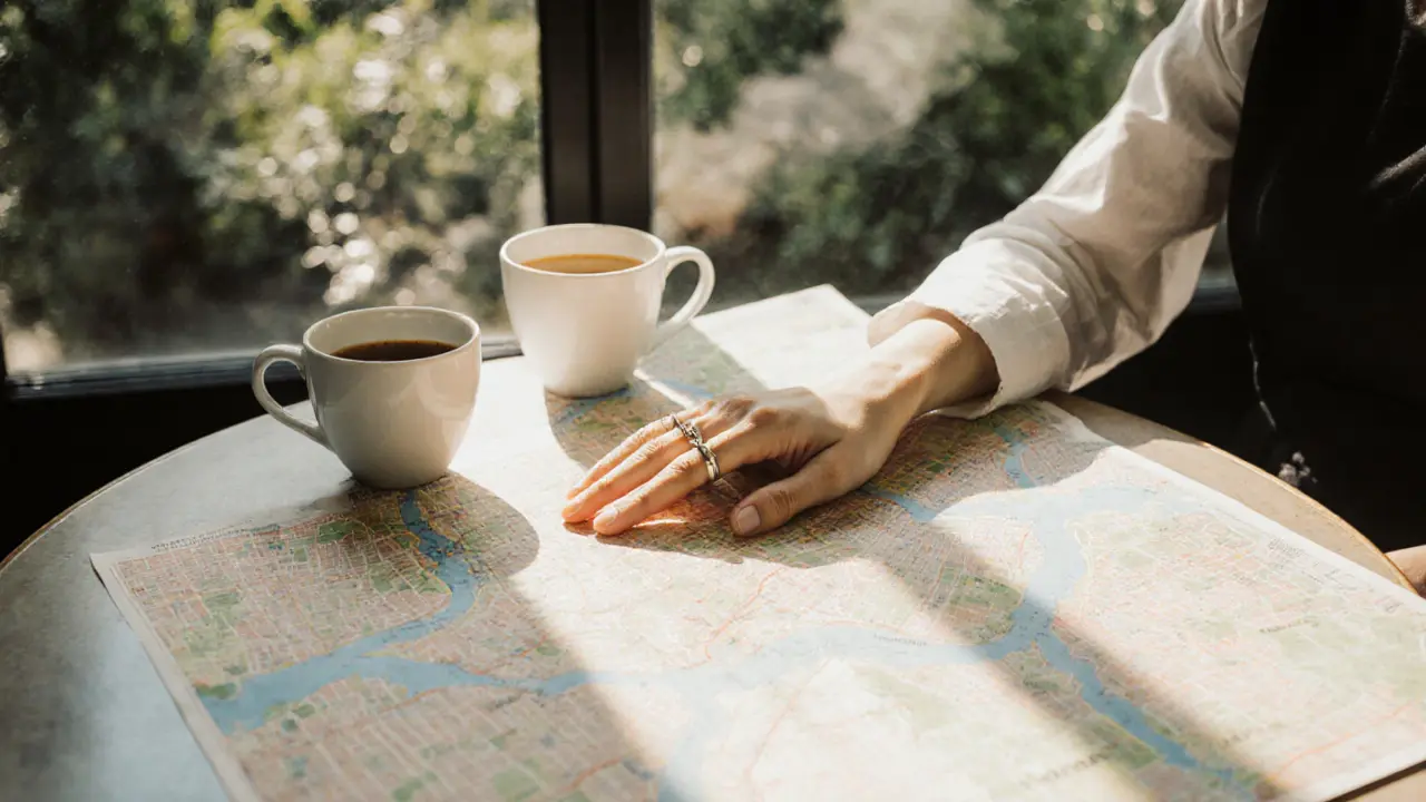 Two hands touch gently on a map of Berlin at a café table, coffee cups nearby, symbolizing reconnection without showing faces.