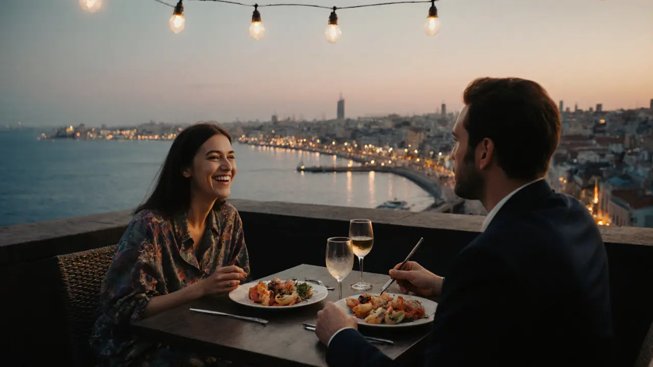 Two people enjoying seafood at a quiet rooftop bar overlooking Abu Dhabi&#039;s Corniche.