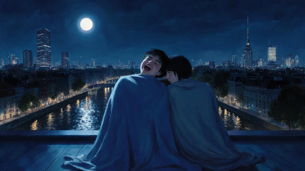 Two people on a rooftop at night, sharing a blanket under city lights, silent and close.