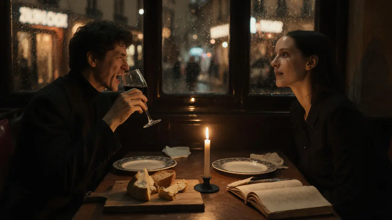 Two people share a quiet dinner at a Parisian bistro, candlelight reflecting on wine glasses and bread.