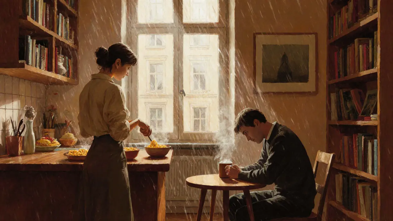 Two people share a quiet moment in a Berlin apartment kitchen, one cooking pasta, the other sitting with a mug, soft light illuminating the scene.