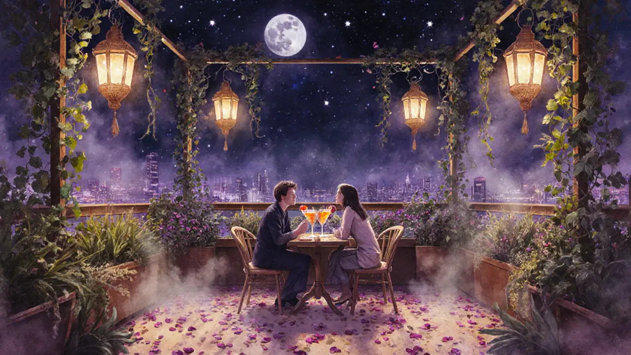 Two people sharing a drink under hanging plants and lanterns at The Observatory rooftop garden.