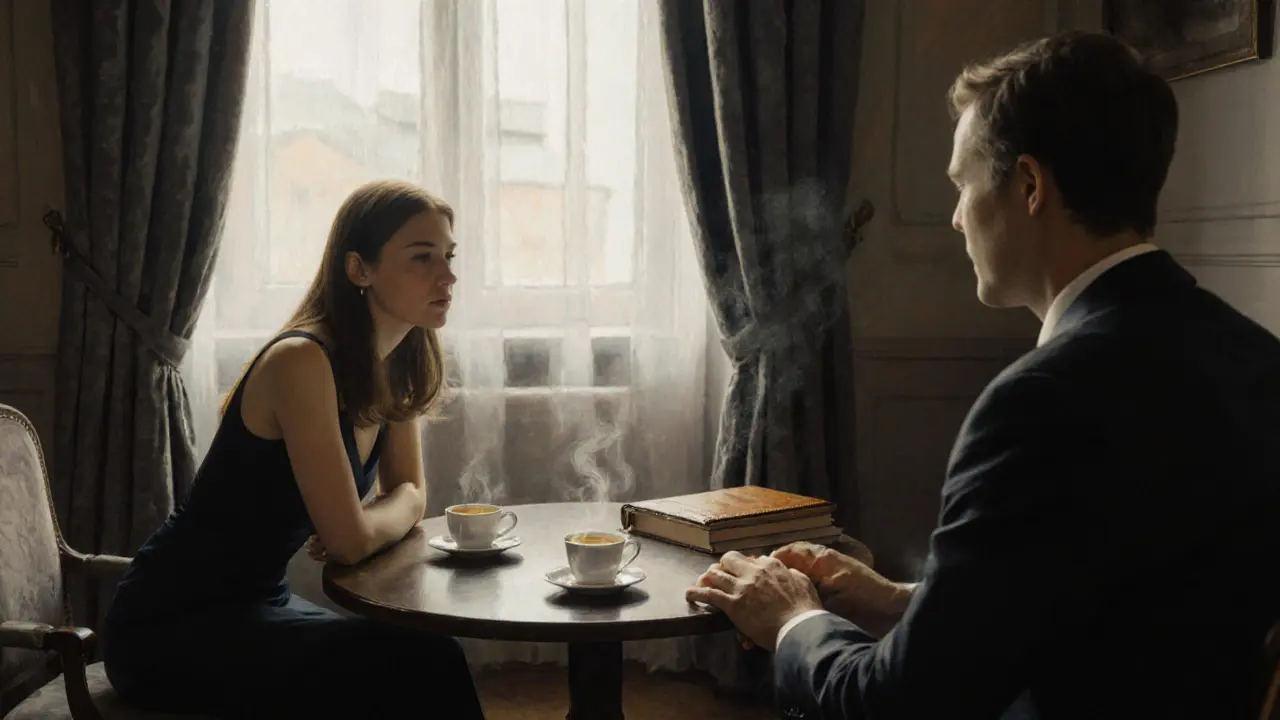 Two people sharing tea in a quiet club room, books and journal on the table, serene expressions.