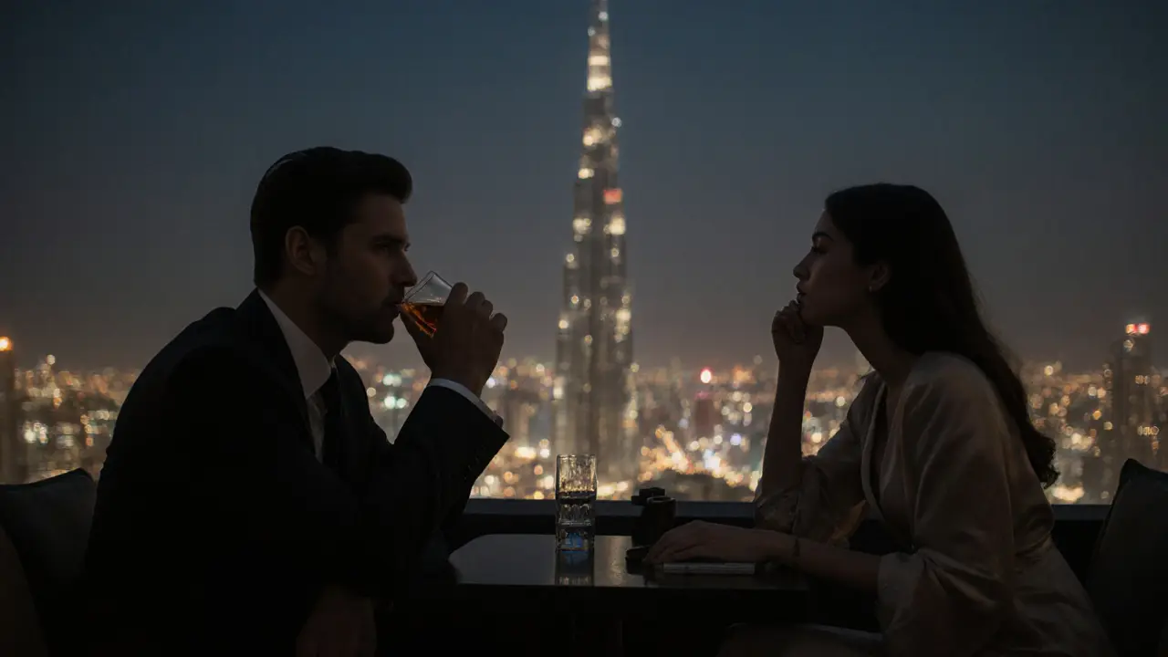 Two people sit silently at a rooftop lounge, overlooking Dubai’s skyline, no physical contact, quiet connection.