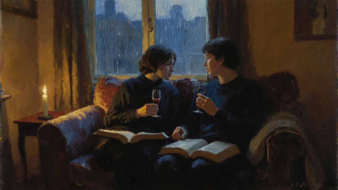 Two people sitting together in a dim apartment, watching rain fall against a window.