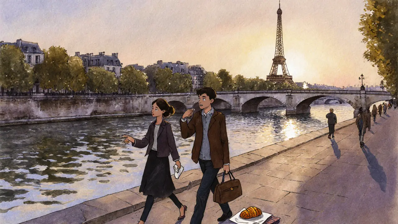 Two people walk beside the Seine at dusk, sharing a quiet moment as the Eiffel Tower sparkles in the distance.