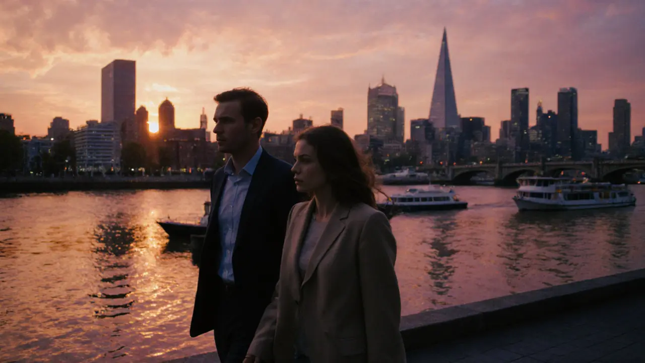 Two people walking peacefully along the Thames at sunset, sharing quiet companionship.