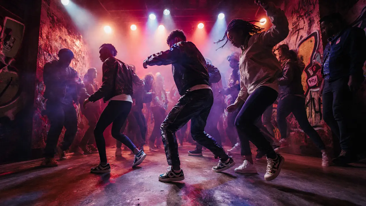 Underground club Alcatraz with graffiti walls and energetic dancers under pulsing colored lights.