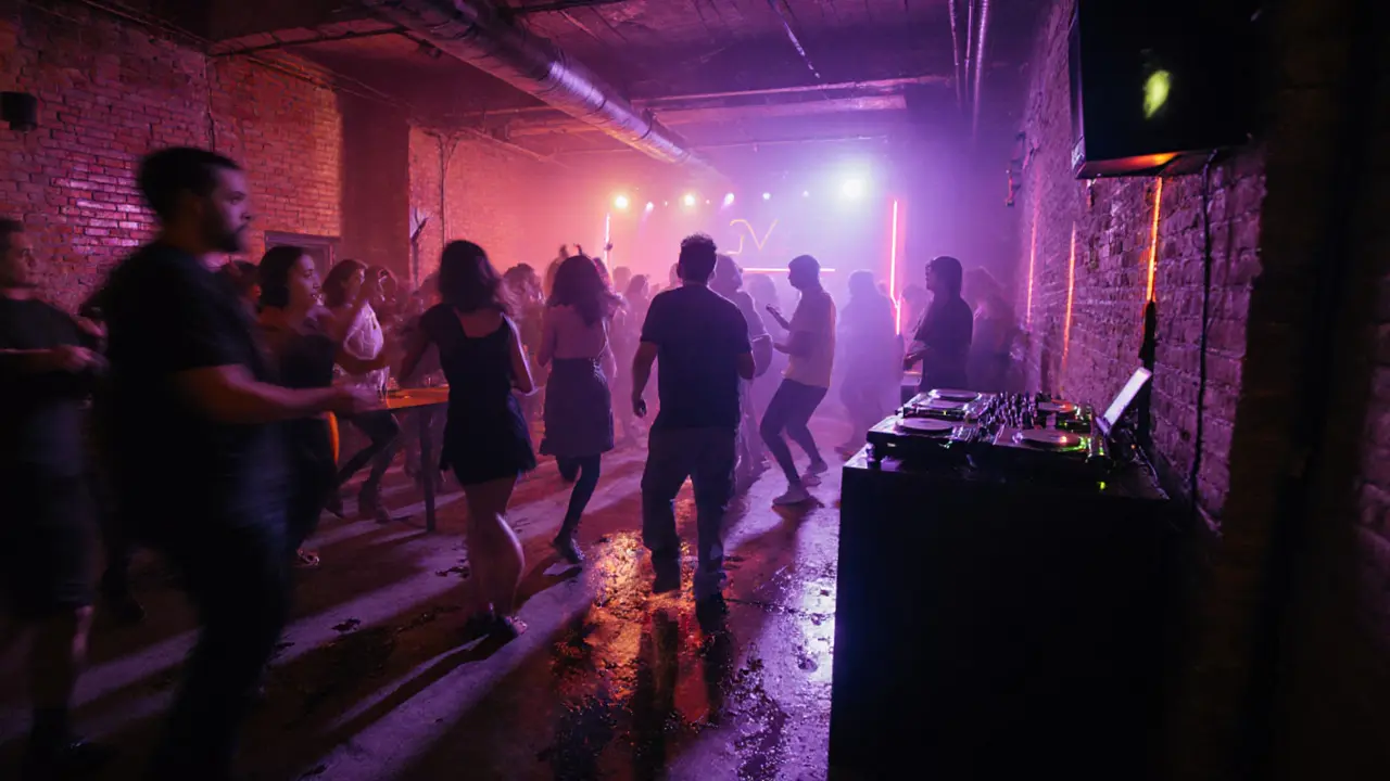 Underground club in Porta Venezia with energetic crowd dancing under neon lights and pulsing beats.
