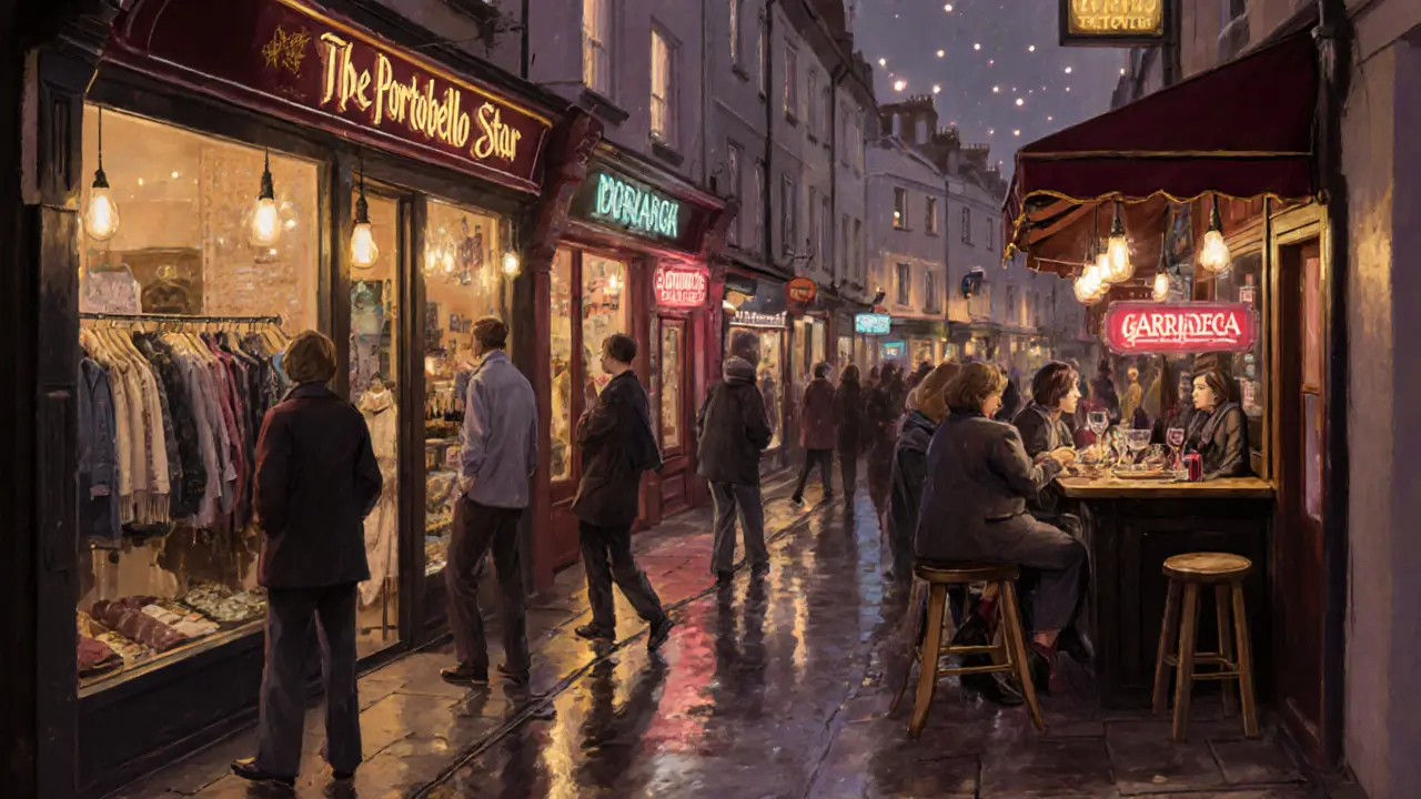 Vintage clothing boutiques glowing with Edison bulbs on rainy Notting Hill street.