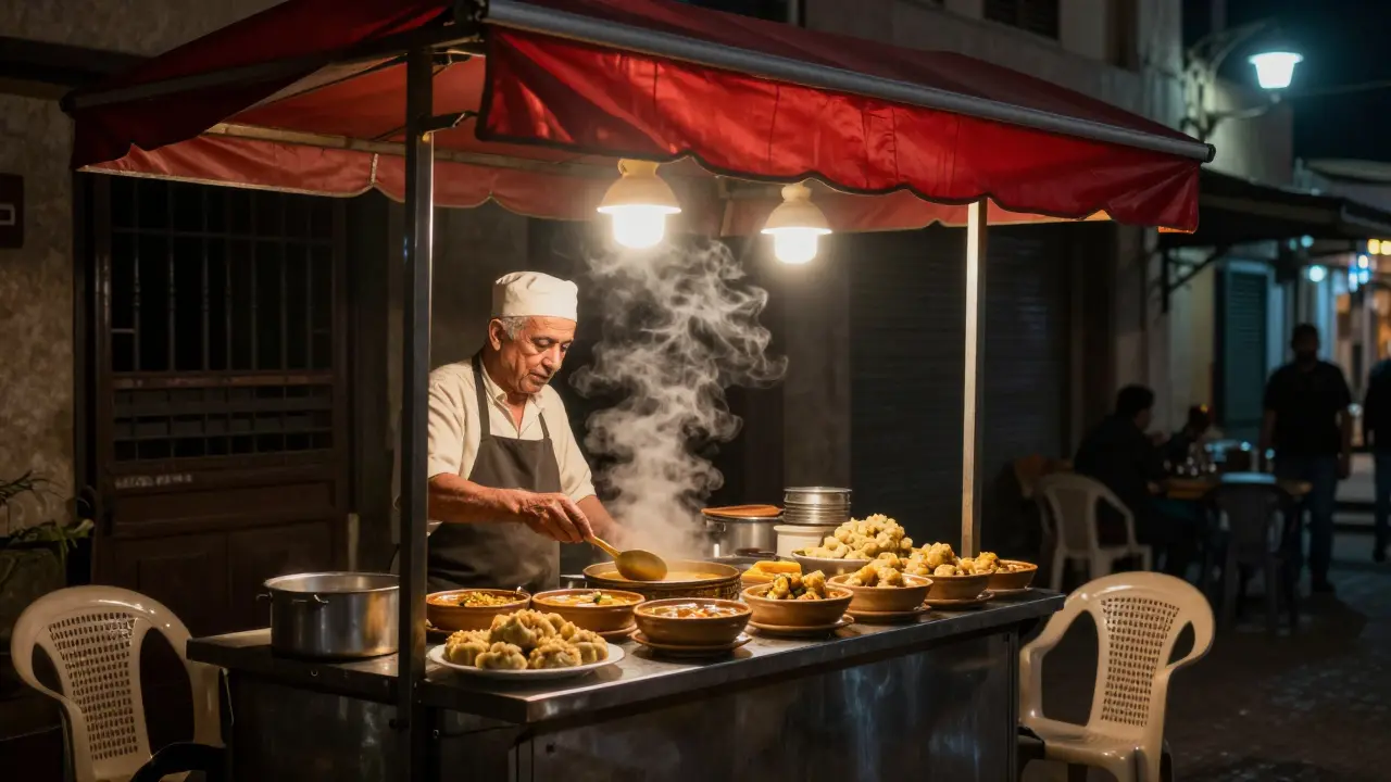 24-hour street stall in Deira serving hot kubba soup under a red awning at dawn.