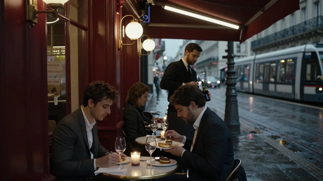A 24-hour brasserie at 3 a.m. with a traveler and student sharing wine under dim lights.