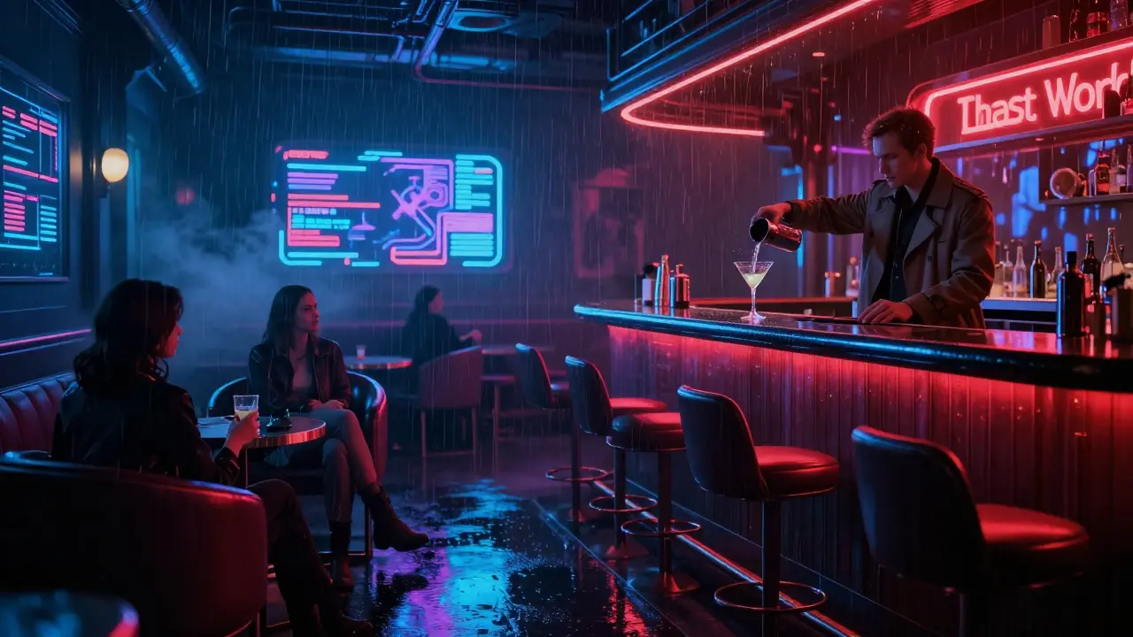 A Blade Runner 2049-themed bar with neon rain, holograms, and patrons in moody cyberpunk lighting.