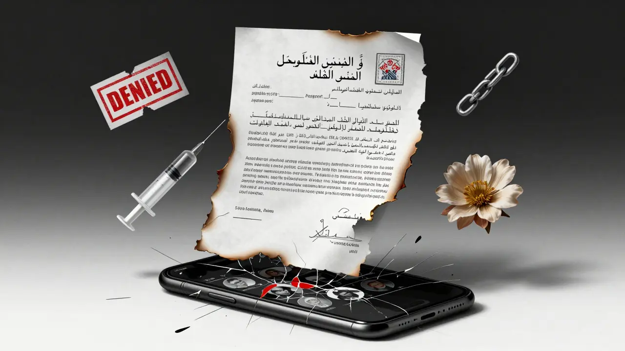 A burned legal document floats above a cracked phone screen, surrounded by symbols of consequence and a lone desert flower.