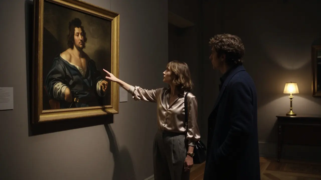 A companion and client examining a Caravaggio painting in a dimly lit gallery.