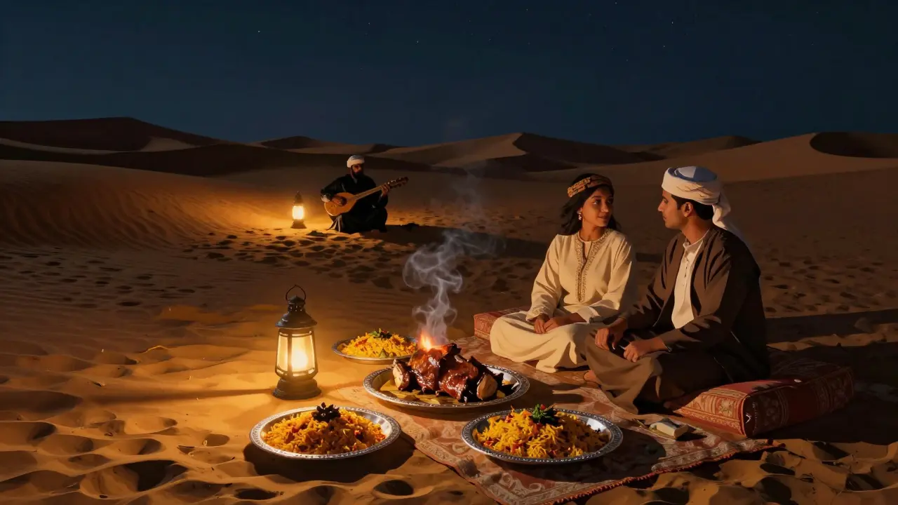 A couple in a desert safari at night surrounded by lanterns, a Bedouin feast, and an oud player under a starry sky.