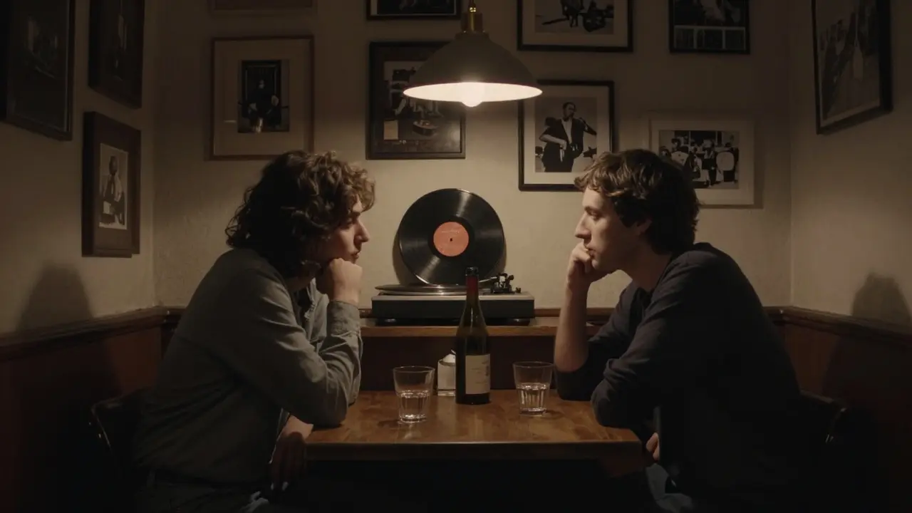 A couple in a dim jazz bar in Le Marais, listening intently to music and sharing quiet conversation.