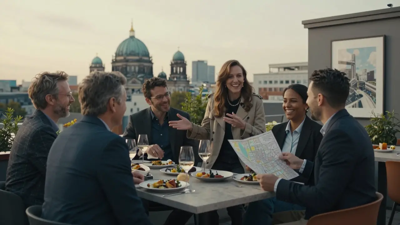 A diverse group enjoys drinks on a Berlin rooftop terrace at sunset, engaged in friendly conversation.