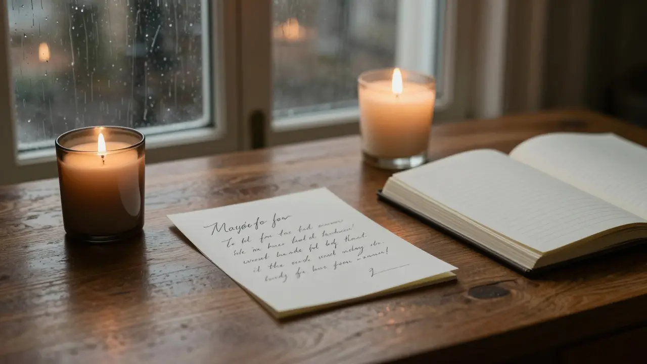 A handwritten note on a wooden desk beside a candle in a rainy Mayfair apartment.