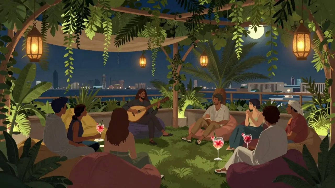 A hidden rooftop garden with lanterns, vines, and a live oud player under moonlight.