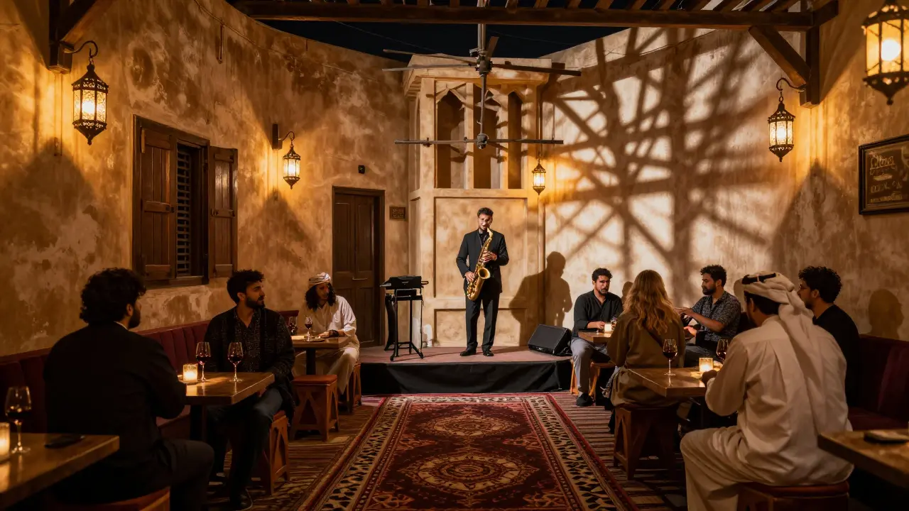 A historic wind tower turned jazz venue with soft lighting and musicians performing live.