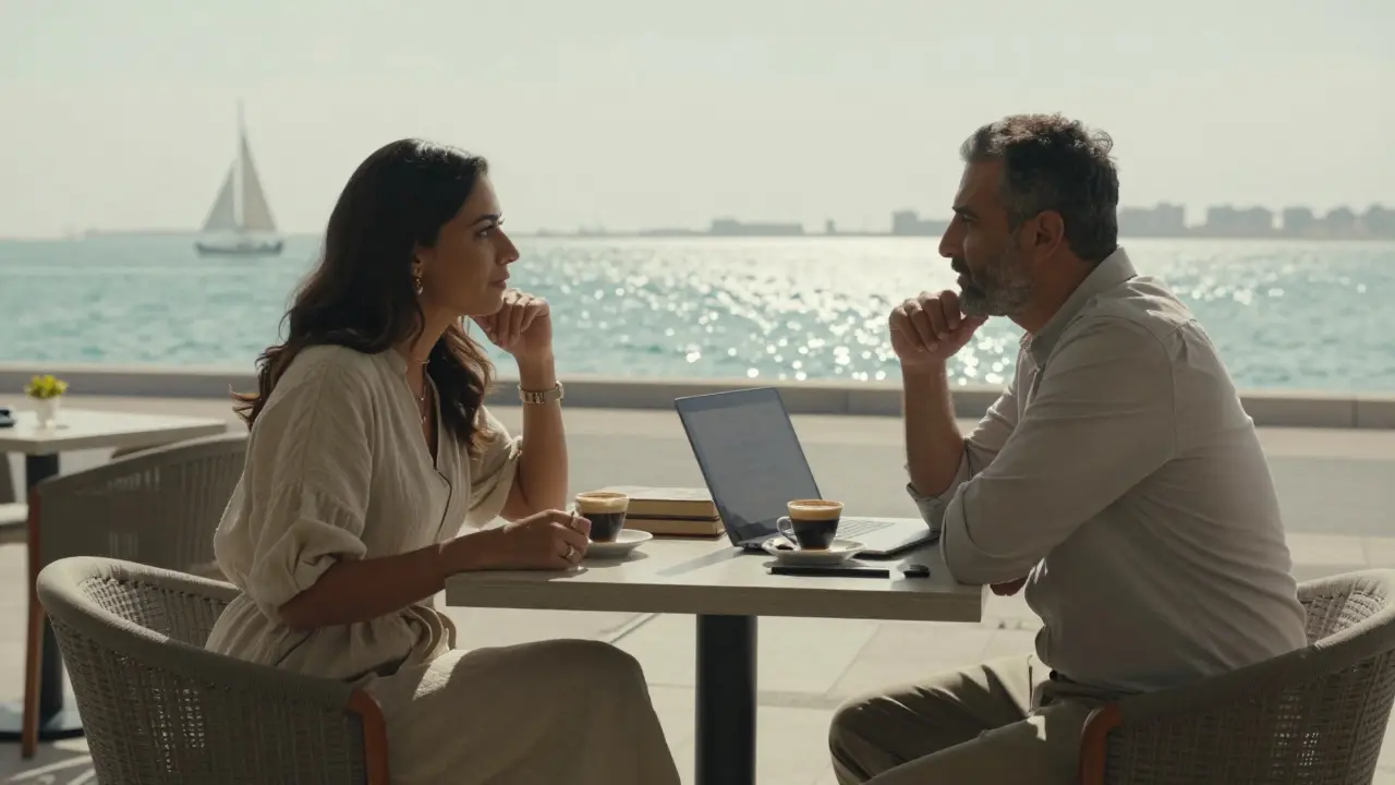 A man and woman engaged in calm conversation at a seaside cafe in Abu Dhabi, books and coffee on the table.