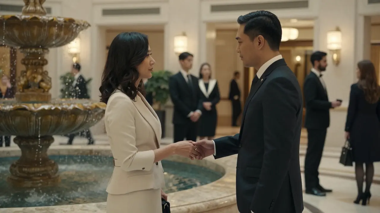 A man and woman meeting discreetly in a luxury hotel lobby, blending into the crowd.