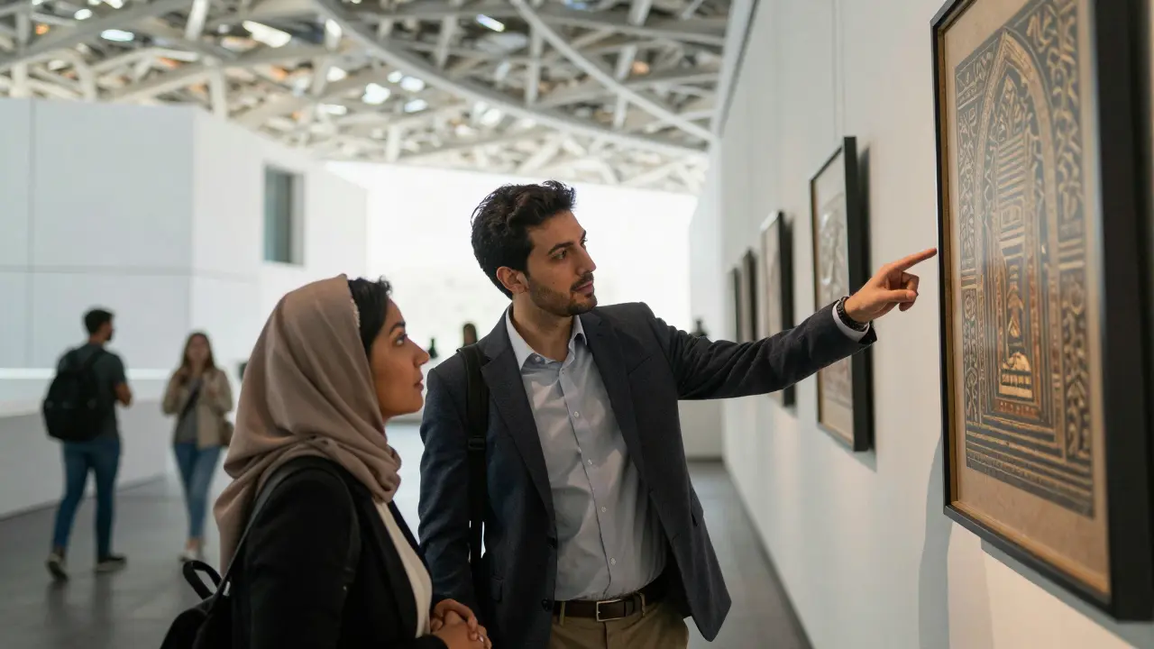 A man in a suit explaining art to a client inside the Louvre Abu Dhabi, natural light and architecture in background.