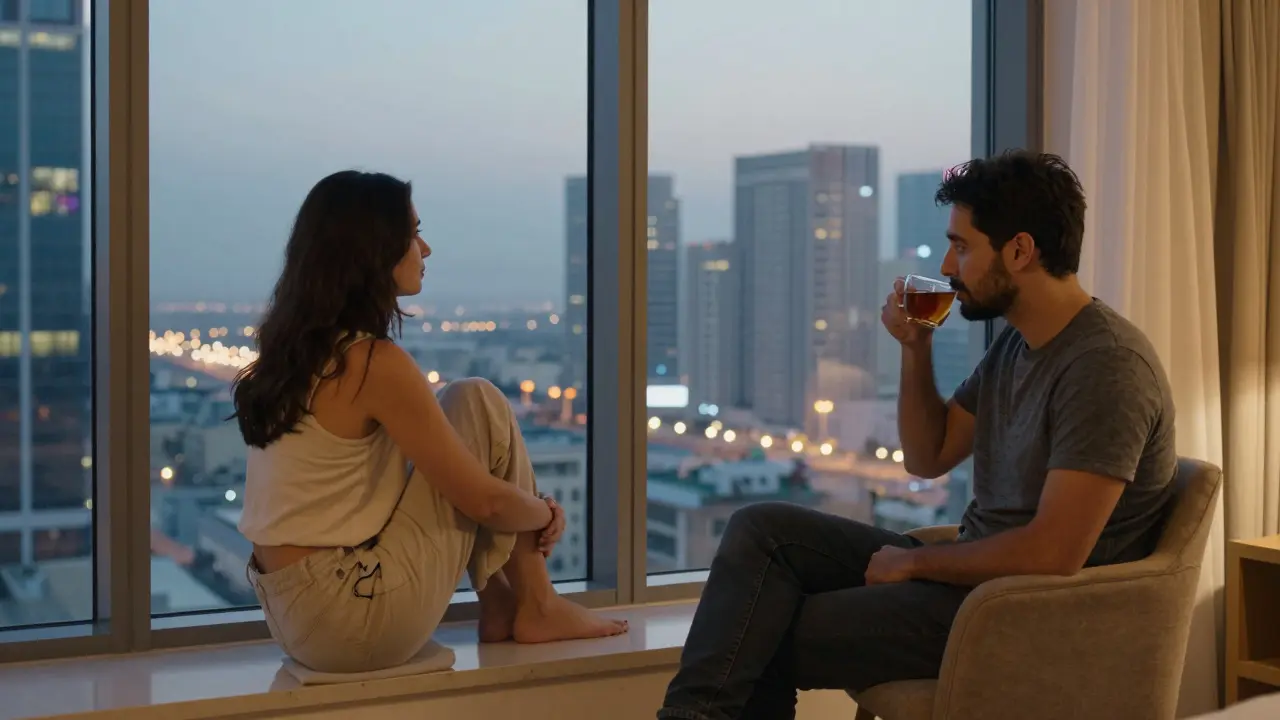A person gazing at Dubai's city lights at dusk from a window seat, another nearby in quiet companionship.