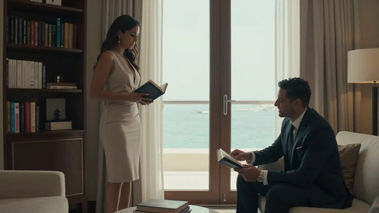 A professional companion and client in a luxury hotel suite, engaged in a thoughtful discussion over a book.