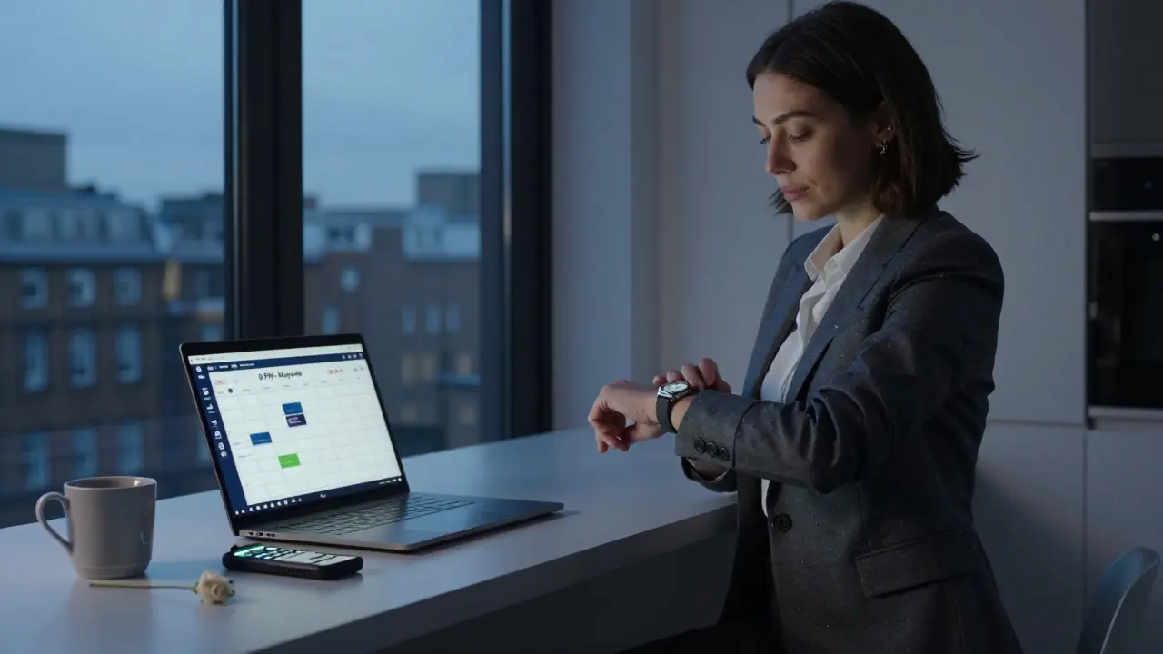 A professional woman checking her schedule in a modern London apartment, burner phone and rose on counter.