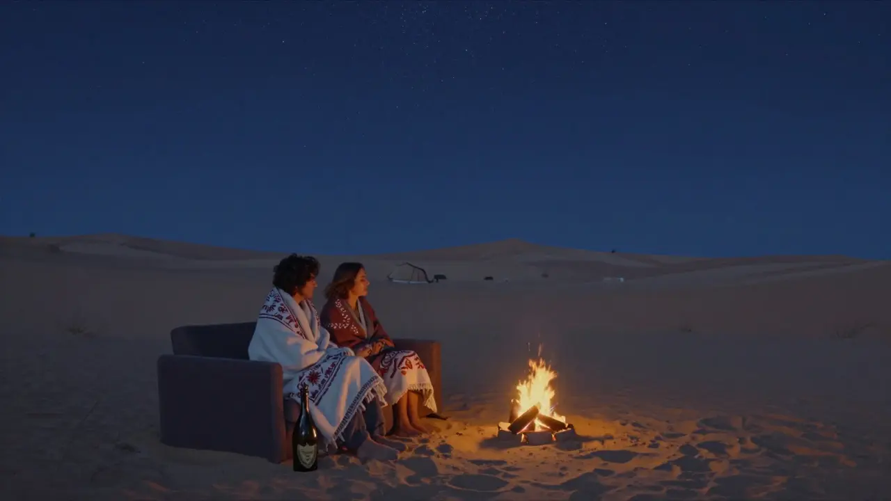 A quiet desert camp under stars, two people sharing a peaceful moment by a fire.