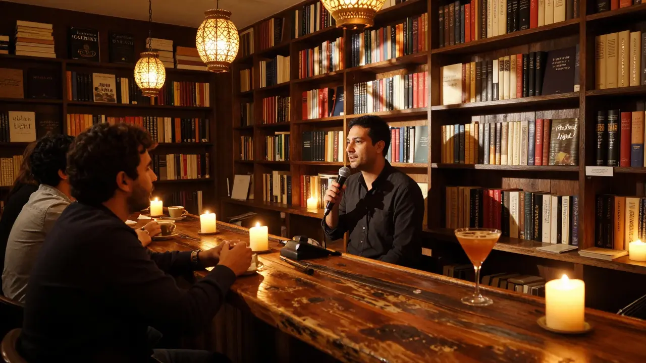 A quiet poetry lounge lit by candles, lined with books, and patrons sipping artisanal drinks.