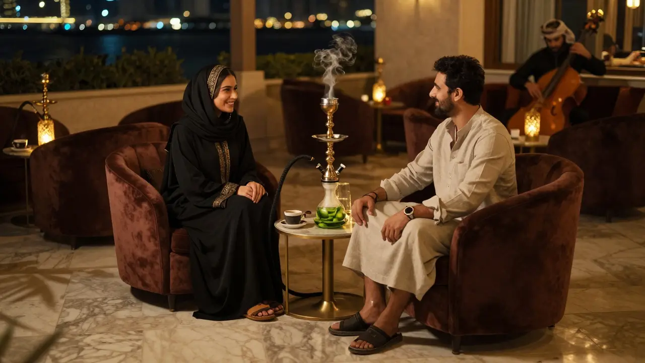 A quiet shisha lounge at night with soft lighting, people relaxing over hookah and coffee.
