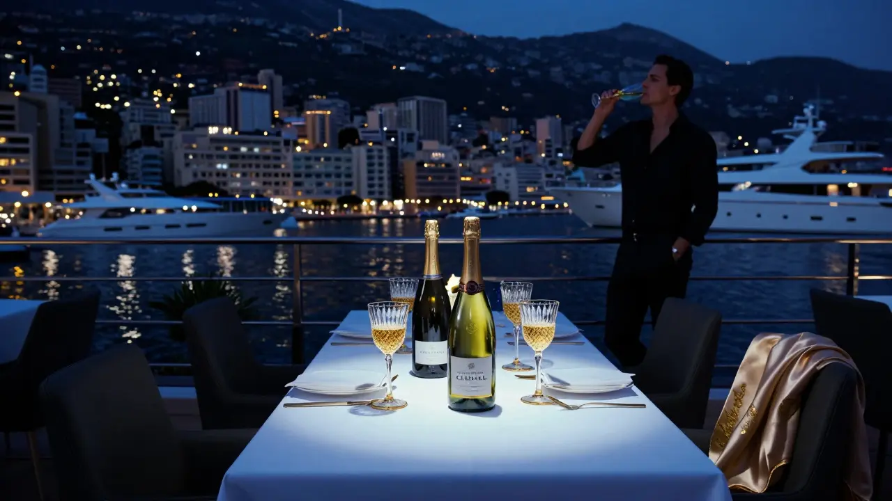 A quiet VIP table overlooking Monaco’s harbor at night, champagne glasses glinting under moonlight.
